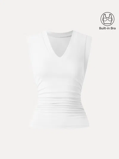 Oglmove Stretch Cotton V-neck Side Ruched Muscle Bra Top In White