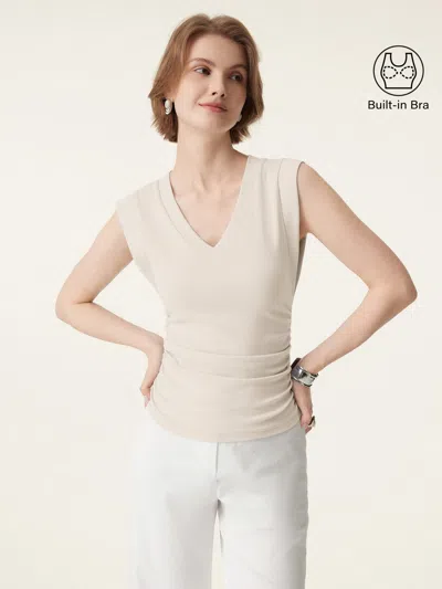 Oglmove Stretch Cotton V-neck Side Ruched Muscle Bra Top In White