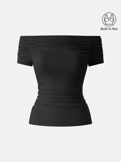 Oglmove Stretch Lyocell Off-shoulder Ruched Bra Top In Black