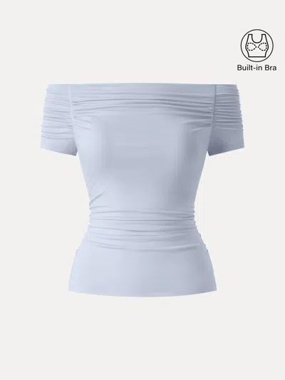 Oglmove Stretch Lyocell Off-shoulder Ruched Bra Top In Blue