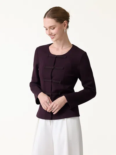 Oglmove Stretch Ponte Frog-button Round Neck Long Sleeve Jacket In Brown