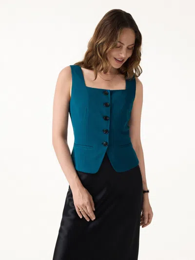 Oglmove Stretch Ponte Square Neck Cropped Waistcoat With Pockets In Blue