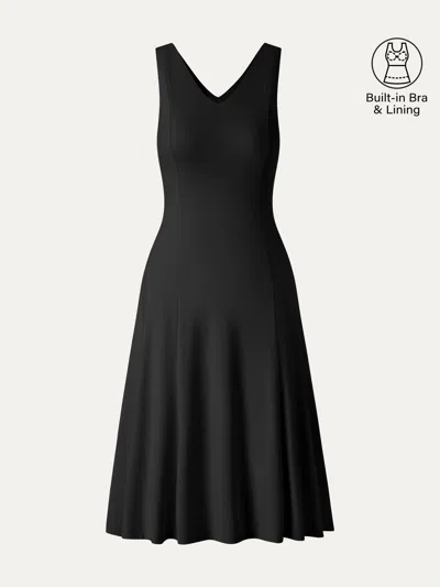 Oglmove Plantive Flowy V-neck Flared A-line Midi Bra Dress In Black