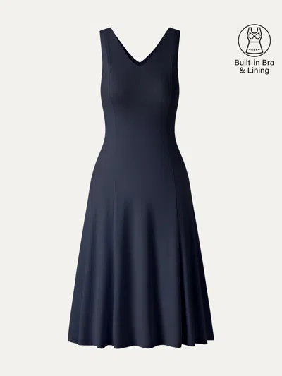 Oglmove Stretch Ponte V-neck A-line Midi Bra Dress In Blue