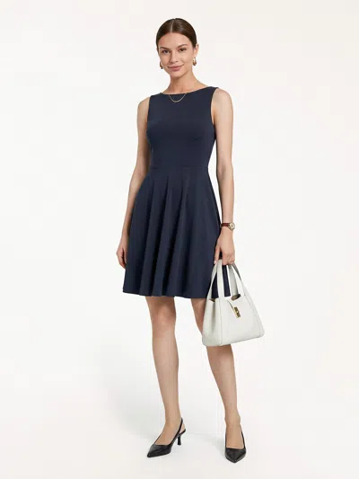Oglmove Stretchy Boatneck Fit-and-flare Mini Bra Dress With Pockets In Blue