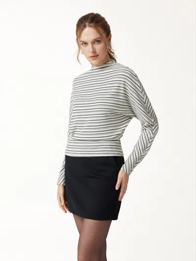 Oglmove Stripe Mock Neck Batwing Sleeve Top In White/grey/black Stripe