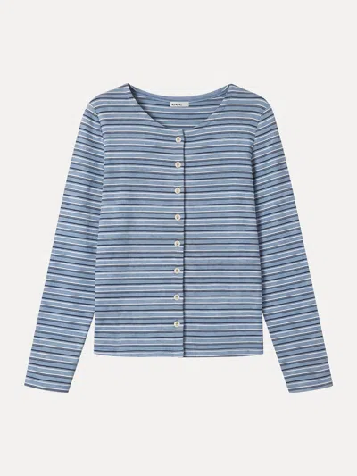Oglmove Stripe Round Neck Long Sleeve Button-up Cardigan In Blue