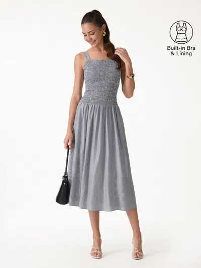 Oglmove Striped Poplin Square Neck Smocked Midi Bra Dress