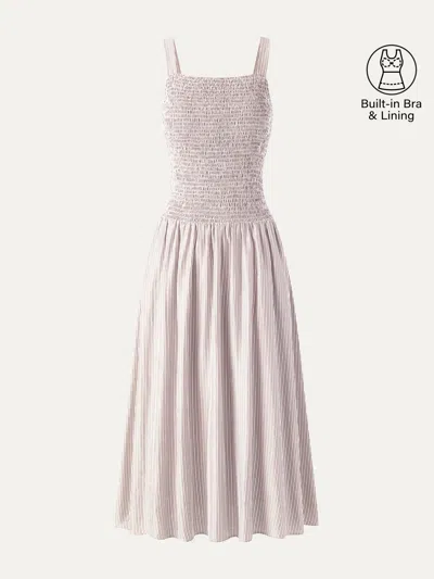 Oglmove Striped Poplin Square Neck Smocked Midi Bra Dress