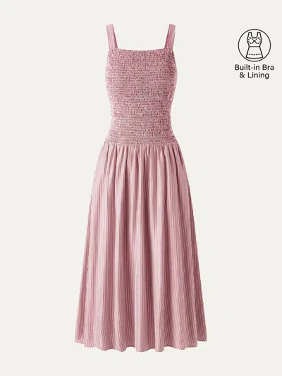 Oglmove Striped Poplin Square Neck Smocked Midi Bra Dress