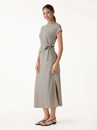 Oglmove Striped Relaxed Midi Dress With Self-tie In Gray