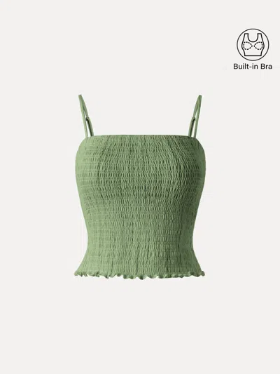 Oglmove Striped Smocked Adjustable Spaghetti Bra Tank In Green