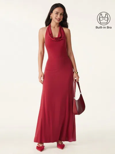 Oglmove Stunning Cowl Neck Flared Maxi Brami Dress In Red