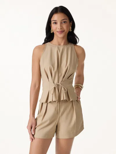 Oglmove Summer Linen Pleated Self-tie Top In Brown