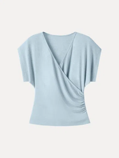 Oglmove Summer Lyocell Wool Suprlice Ruched Short Sleeve Top In Blue