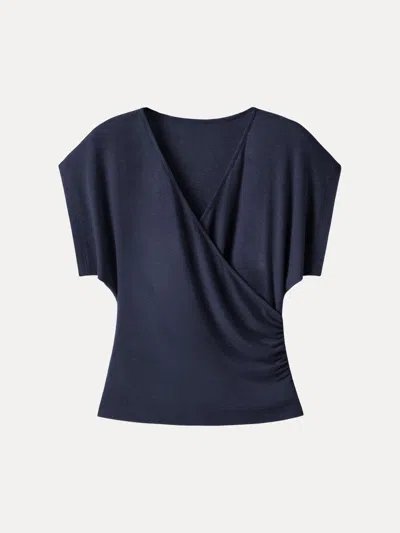 Oglmove Summer Lyocell Wool Suprlice Ruched Short Sleeve Top In Blue