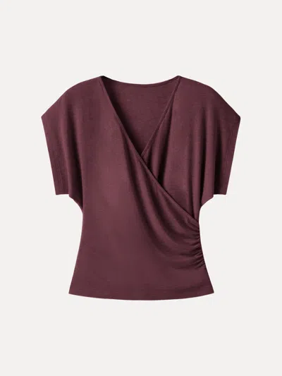 Oglmove Summer Lyocell Wool Suprlice Ruched Short Sleeve Top In Burgundy