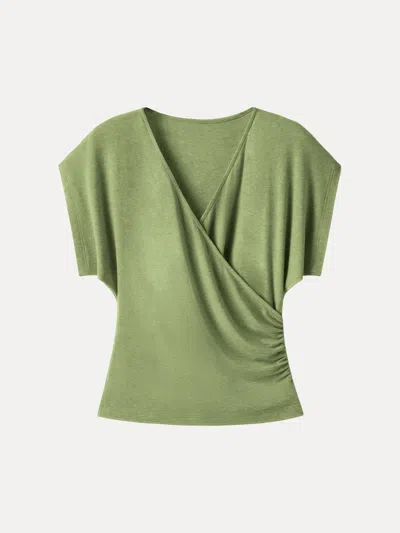 Oglmove Summer Lyocell Wool Suprlice Ruched Short Sleeve Top In Green