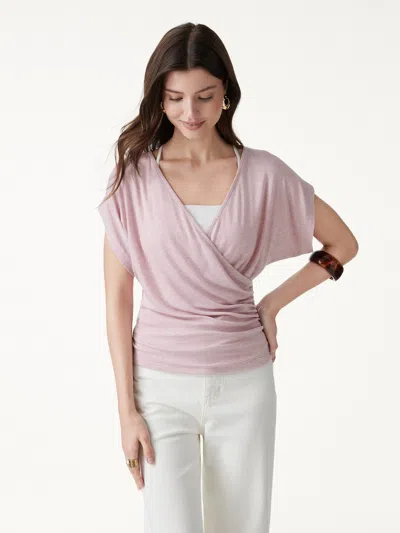 Oglmove Summer Lyocell Wool Suprlice Ruched Short Sleeve Top In Pink