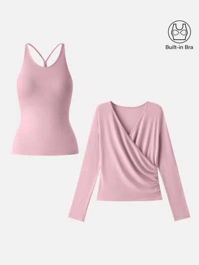 Oglmove Summer Two-piece Set Cami With Surplice Ruched Top In Pink