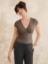 Oglmove Surplice Cap Sleeve Side Ruched Fitted Tee
