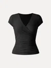 Oglmove Surplice Cap Sleeve Side Ruched Fitted Tee In Black