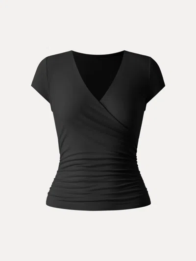 Oglmove Surplice Cap Sleeve Side Ruched Fitted Tee In Black