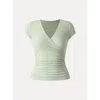 Oglmove Surplice Cap Sleeve Side Ruched Fitted Tee In Green