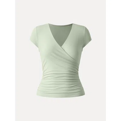 Oglmove Surplice Cap Sleeve Side Ruched Fitted Tee In Green