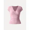 Oglmove Surplice Cap Sleeve Side Ruched Fitted Tee In Pink