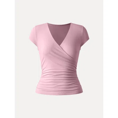Oglmove Surplice Cap Sleeve Side Ruched Fitted Tee In Pink