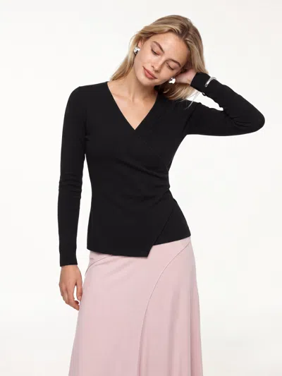 Oglmove Surplice Long Sleeve Asymmetrical Hem Top In Black