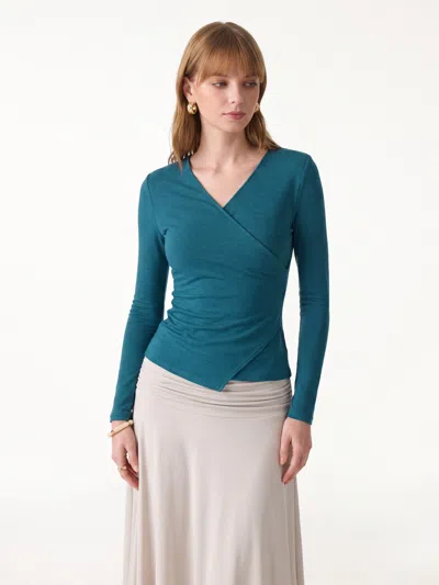 Oglmove Surplice Long Sleeve Asymmetrical Hem Top In Deep Water