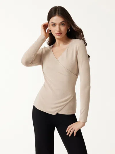 Oglmove Surplice Long Sleeve Asymmetrical Hem Top In Natural Calico