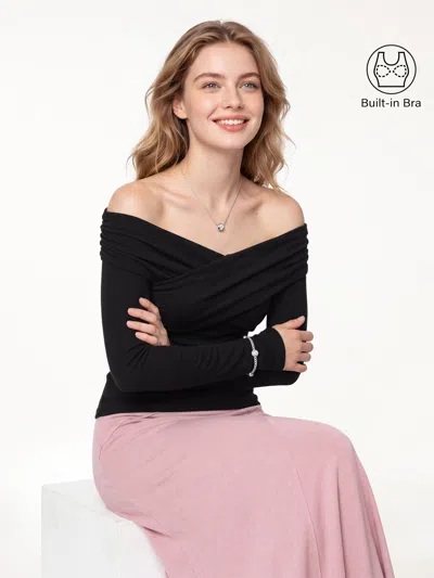 Oglmove Surplice Long Sleeve Ruched Bra Top In Black