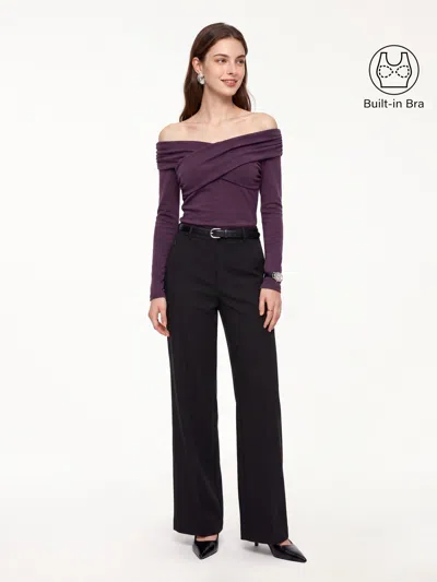 Oglmove Surplice Long Sleeve Ruched Bra Top In Deep Fig