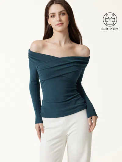 Oglmove Surplice Long Sleeve Ruched Bra Top In Forest Night