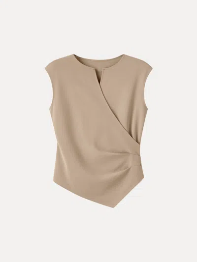 Oglmove Surplice Wide Shoulder Tucked Angled Tank Top In Brown