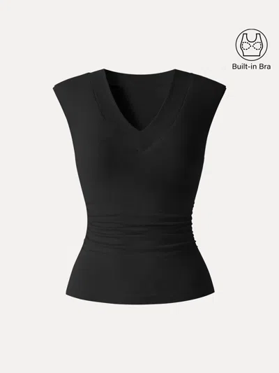Oglmove Sweat-wicking V-neck Wide Shoulder Ruched Bra Top In Black