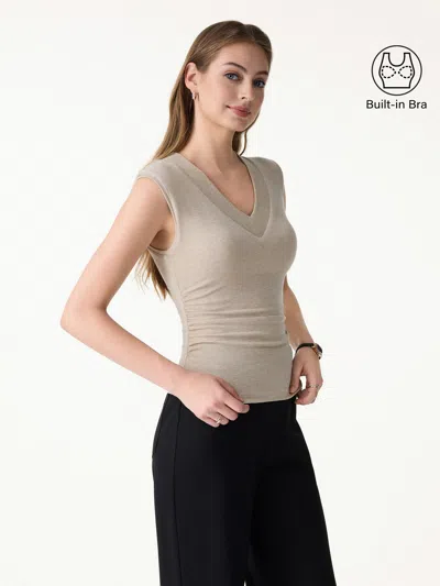 Oglmove Sweat-wicking V-neck Wide Shoulder Ruched Bra Top In Brown