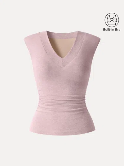 Oglmove Sweat-wicking V-neck Wide Shoulder Ruched Bra Top In Pink