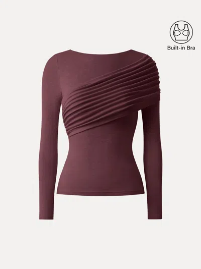 Oglmove Tencel-wool Gathered Semi Sheer Long Sleeve Bra Top In Burgundy