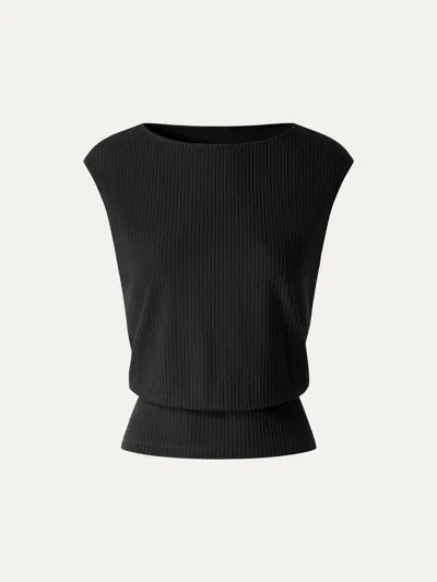 Oglmove Textured Cotton Blend Boatneck Sleeveless Banded Hem Top In Black