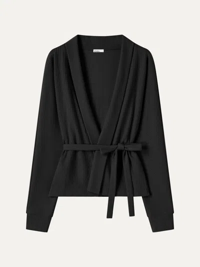 Oglmove Textured Cotton Blend Lapel Belted Open-front Jacket In Black