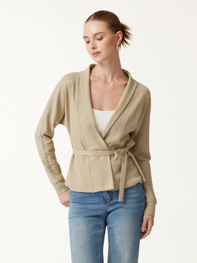 Oglmove Textured Cotton Blend Lapel Belted Open-front Jacket In Paper Bag Beige