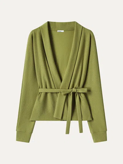 Oglmove Textured Cotton Blend Lapel Belted Open-front Jacket In Peri Green