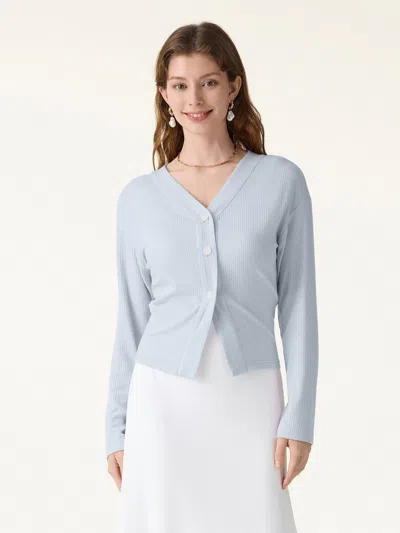 Oglmove Textured Rib Relaxed V-neck Button-up Cardigan In Blue