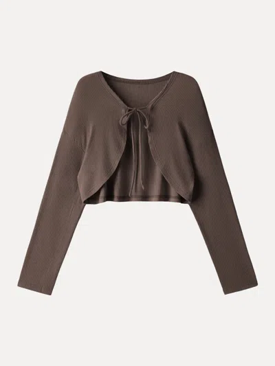 Oglmove Textured Summer Cropped Cardigan With Tie In Brown