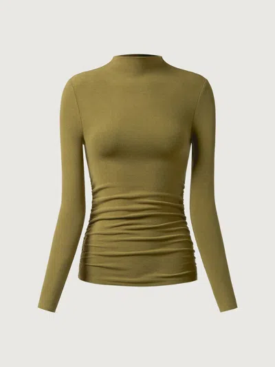 Oglmove Thermal Ruched Sides Mockneck Top In Ginger Olive