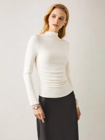 Oglmove Thermal Ruched Sides Mockneck Top In Off White